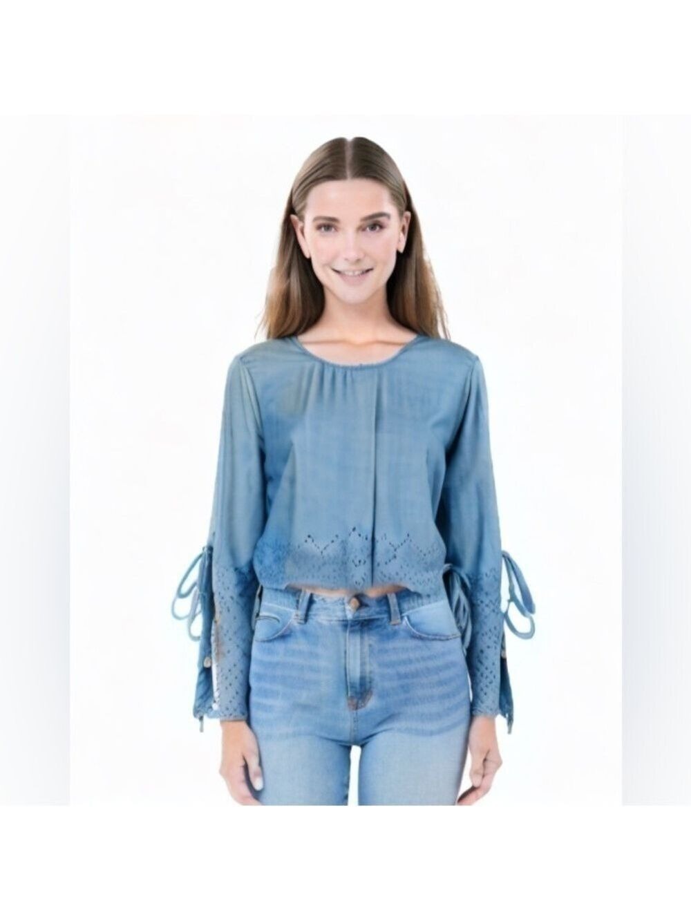 Style Envy Denim Crochet Eyelet Bell Sleeve Top